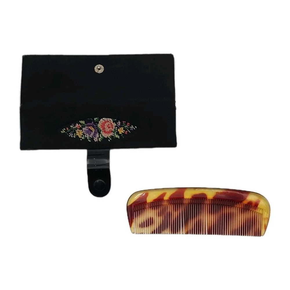 Vintage German Petit Point Comb Case Set Floral Embroidery Tortoise Shell Comb